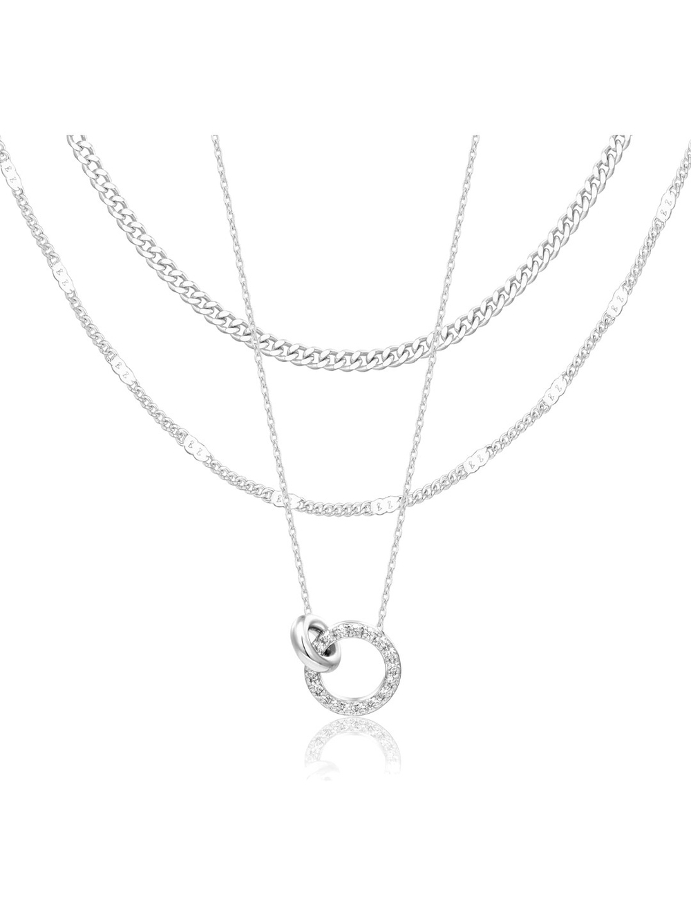 Silver Layered Necklace with Interlocking Circle Pendant - Silver - Picture 2 of 7